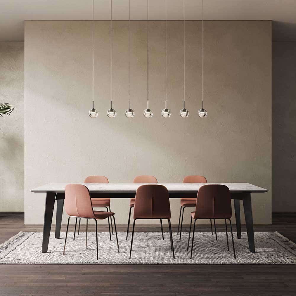 DEW lampada a sospensione led vetro trasparente e montatura cromo composizione lineare ambientata Kdln Prisma Light store Consulenza illuminotecnica 2 shop online