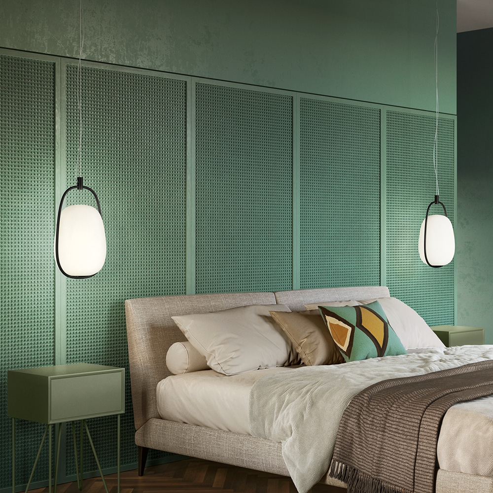 Lannà-Lampada a Sospensione Ambientata camera da letto kdln Prisma Light Store Consulenza illuminotecnica