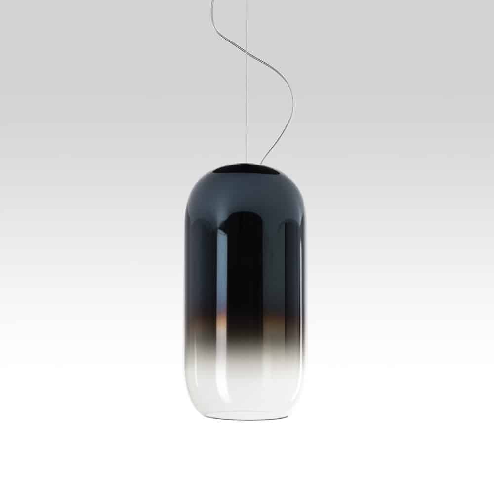 Gople-Lampada sospensione-colore-argento-blu-zaffiro-alluminio-vetro-soffiato-Artemide-Prisma Light-store-NOCI