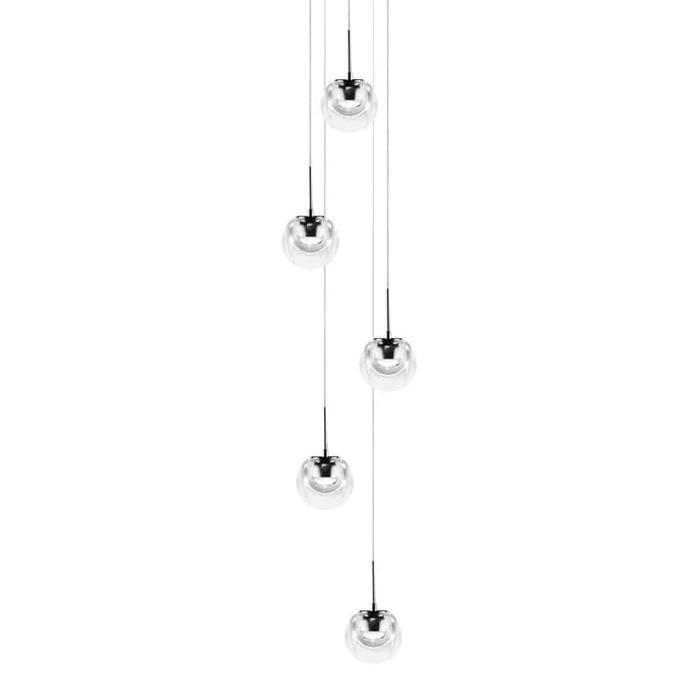 DEW 5 Chandelier lampada a sospensione led vetro trasparente e montatura cromo Kdln Prisma Light store Consulenza illuminotecnica shop online