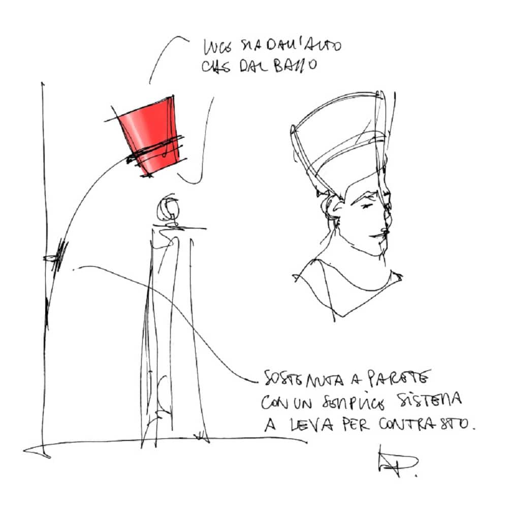 Nefertari Parete lampada da Parete Led Asta Ottone Paralume Rosso schizzo designer Zava Prisma Light illuminazione consulenza progettazione