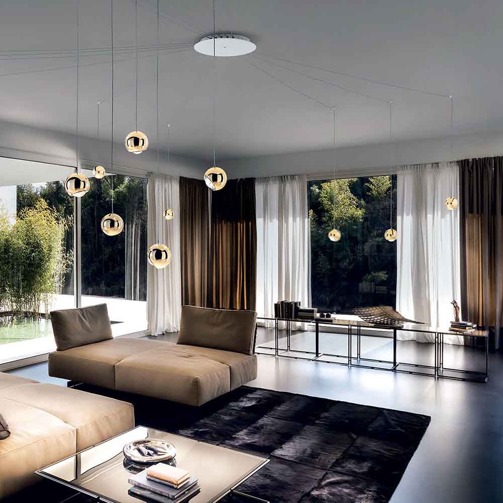Lodes Radial Canopy Rosone radiale 12 sospensioni Spider Oro Prisma Light illuminazione consulenza illuminotecnica