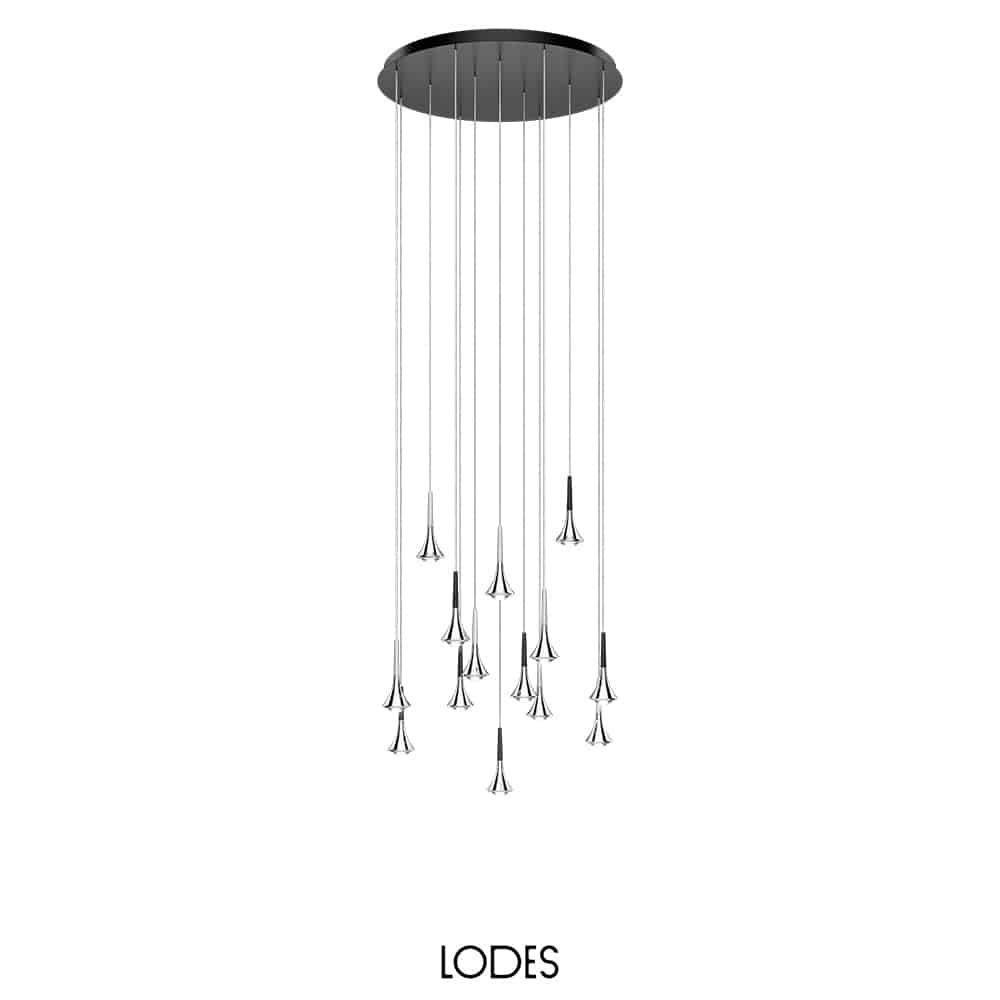 Round-Cluster-14-con-serie-Rain-Rosone-multiplo-14-sospensioni-Nero-Opaco-Lodes-Prisma-Light illuminotecnica progettazione